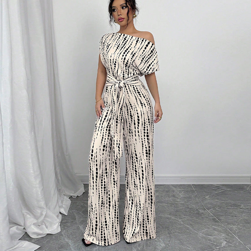 Traci | Women's One-Shoulder Printed Wide-Leg Jumpsuit-Metro Lane Plaza