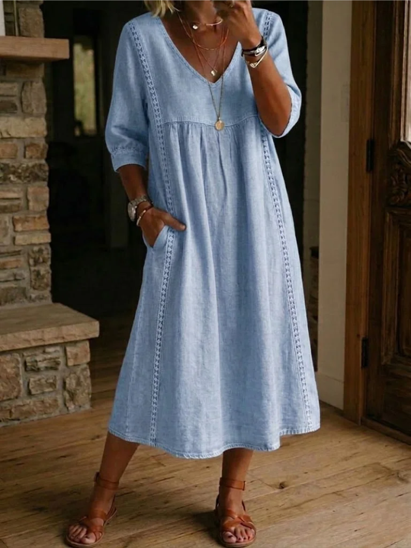Tiffany | Women's Fluid V-Neck Midi Dress with Pockets-Metro Lane Plaza