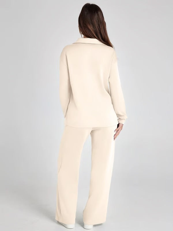 Women's V-Neck Sweater and Wide Pants Two-Piece Set for Fall & Winter-Metro Lane Plaza