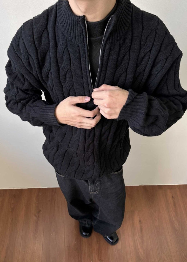 Pull en maille torsadée à fermeture éclair quart de longueur pour homme
