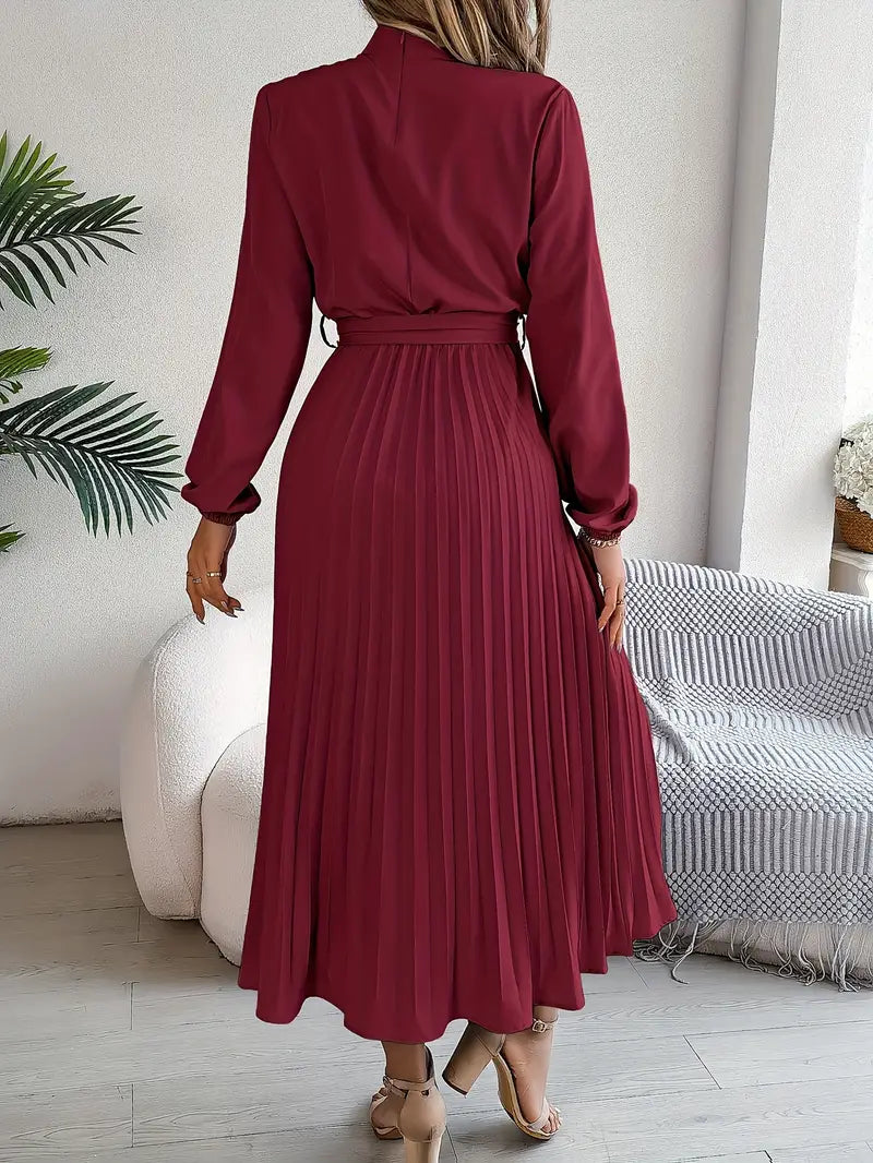 Sophia | Women's Long-Sleeve Pleated Midi Dress with Belted Waist-Metro Lane Plaza