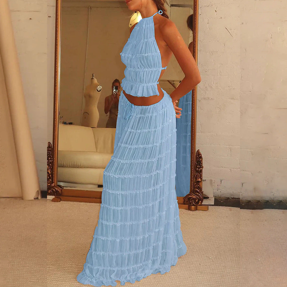 Sophia | Women's 2pcs Dress Suit with Sleeveless Halter Top and Skirt-Metro Lane Plaza
