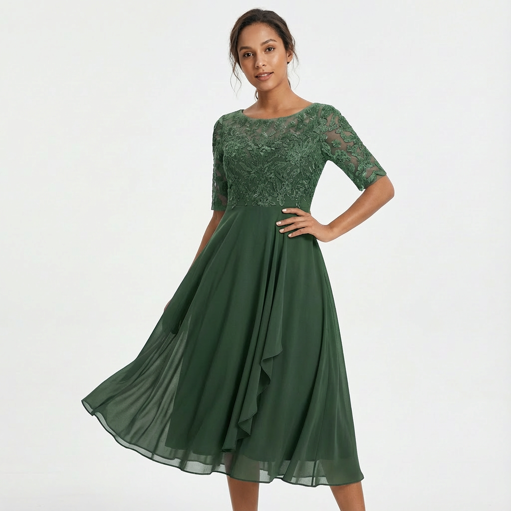 Women's Elegant Lace Midi Dress with Half Sleeves-Metro Lane Plaza