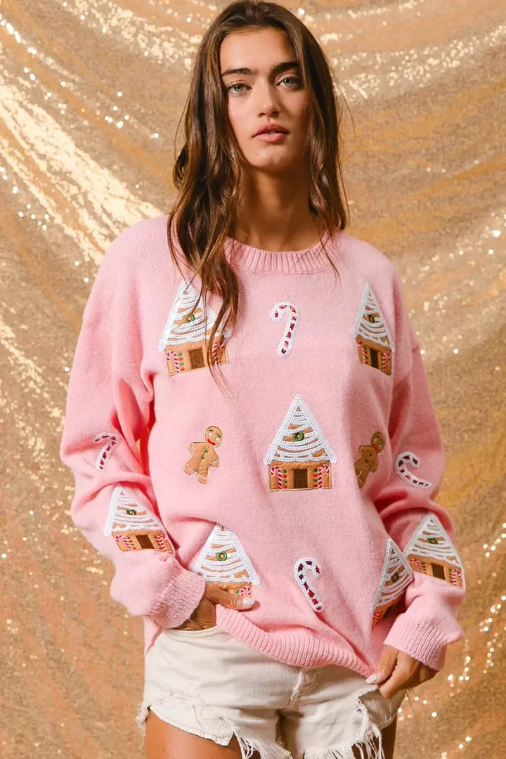 Camisola de gola redonda de inverno com tema natalício para senhora