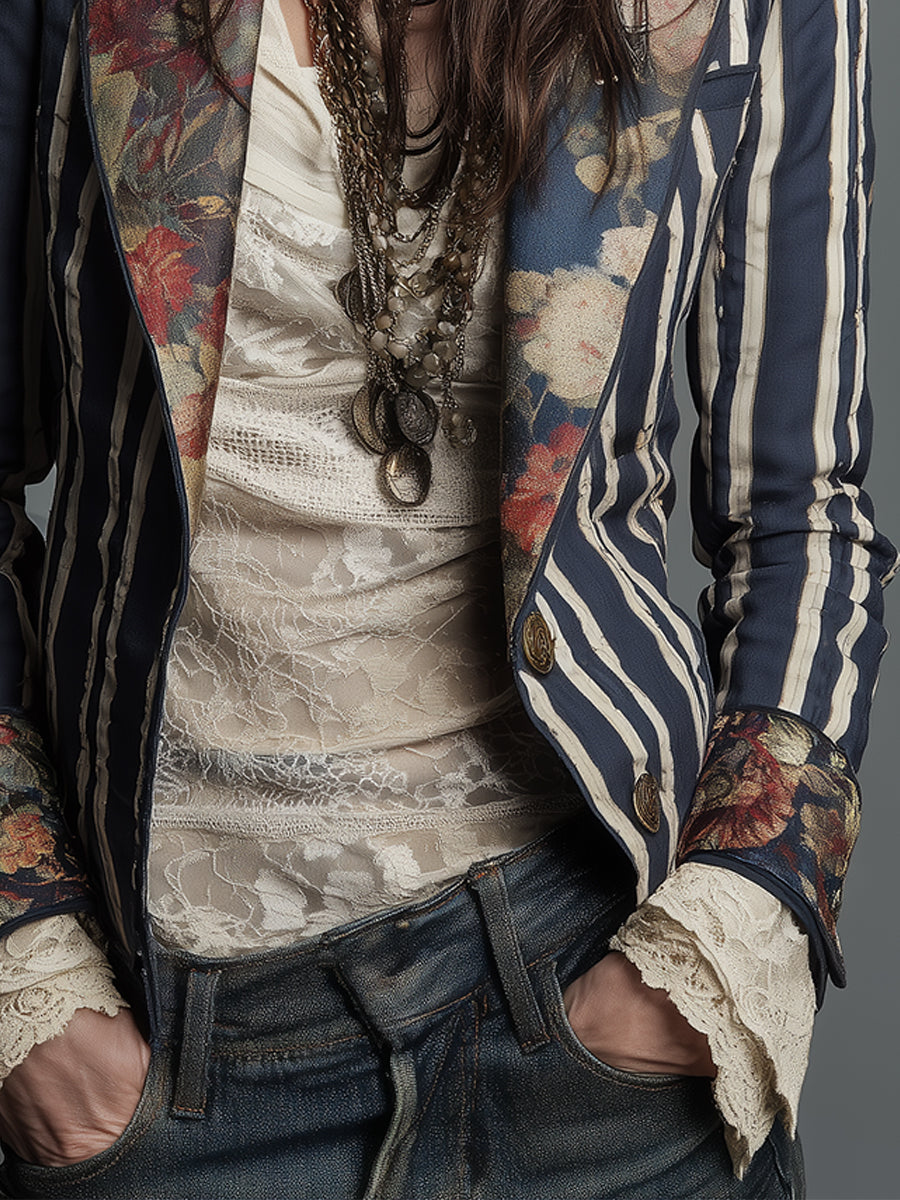 Women's Classic Retro Bohemian Striped Blazer