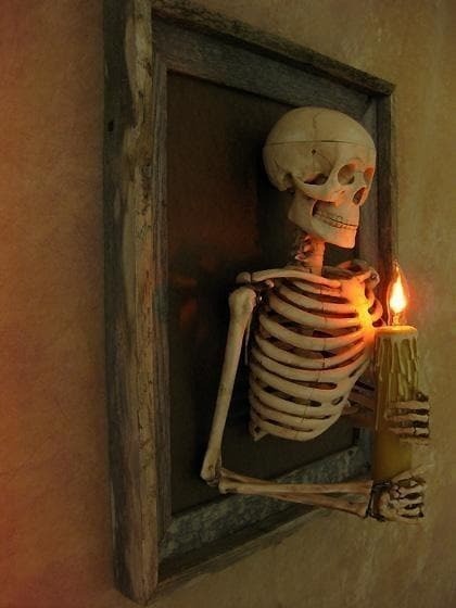Expositor de pared de torso de esqueleto enmarcado para mujer con bombilla de vela y marco