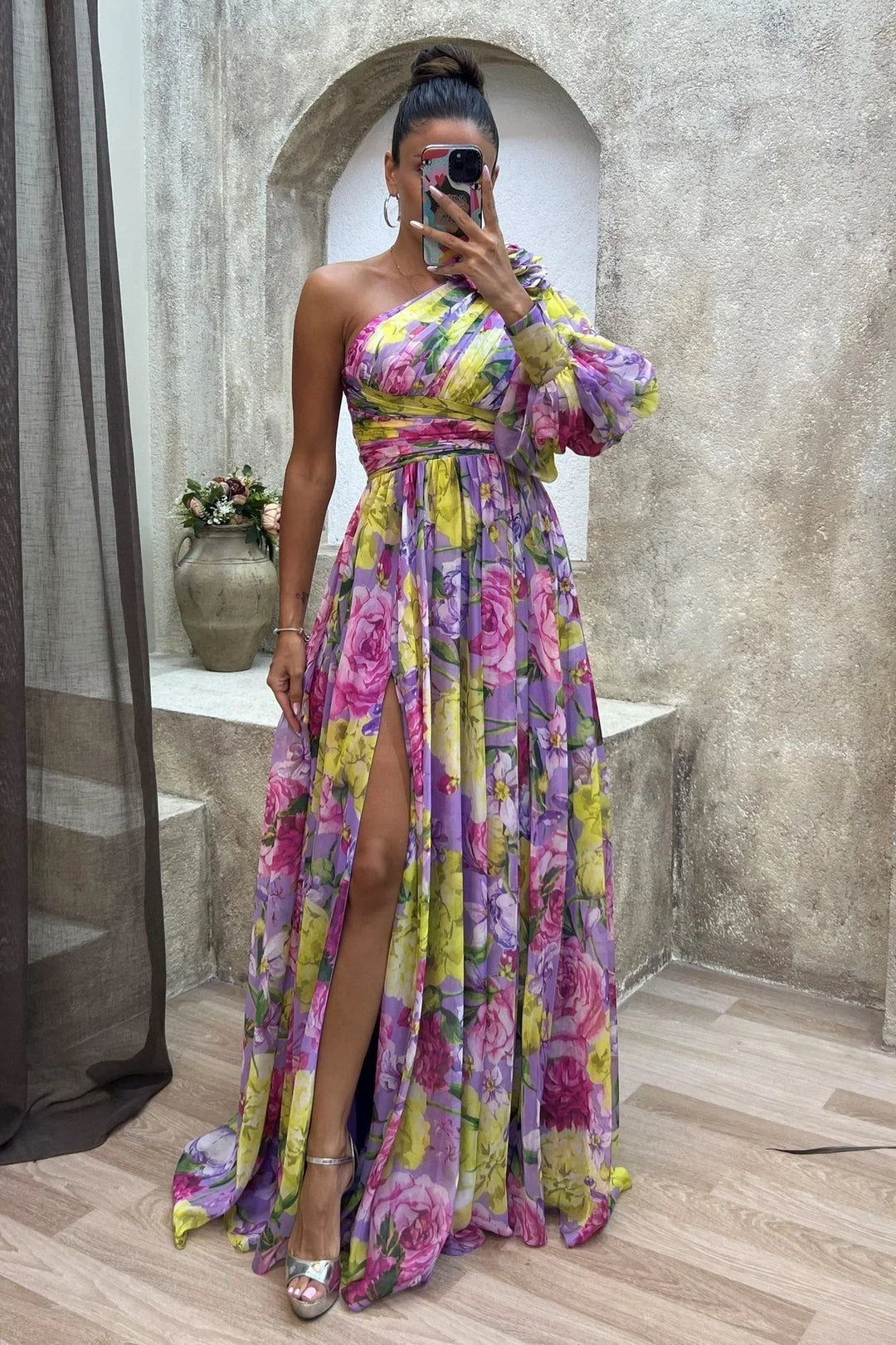 Women's Flowing One-Shoulder Floral Dress-Metro Lane Plaza