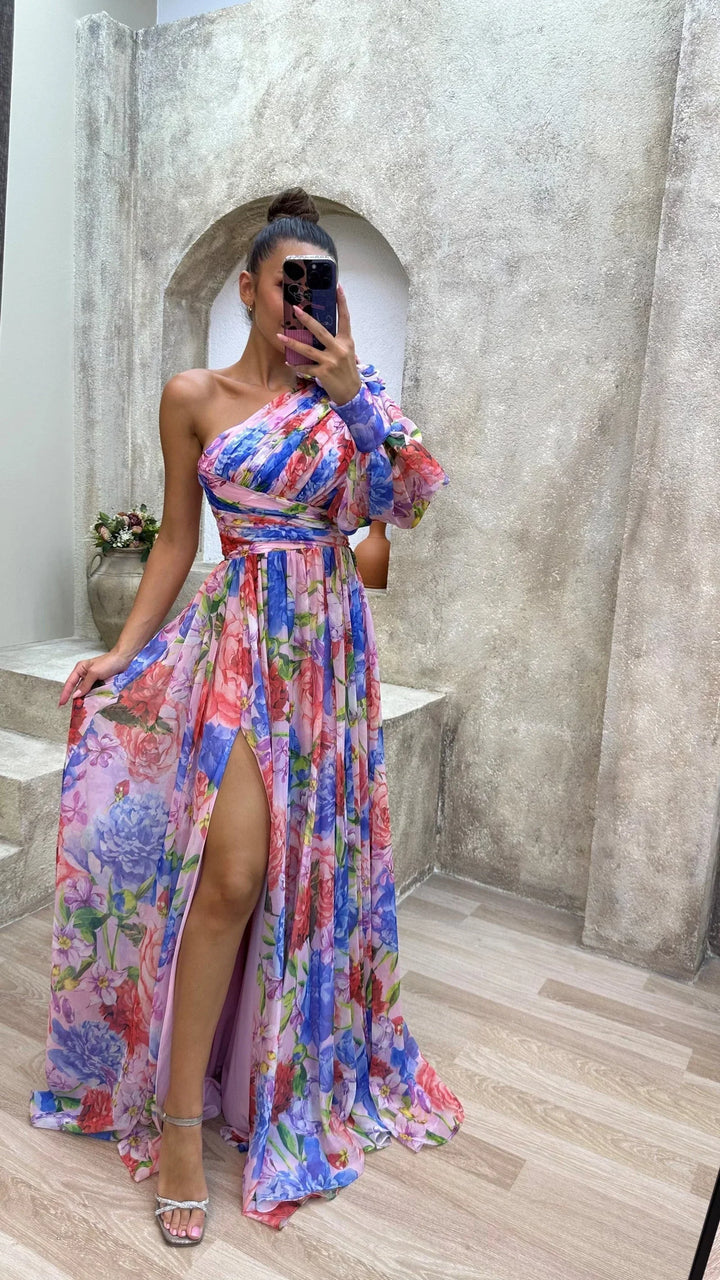 Women's Flowing One-Shoulder Floral Dress-Metro Lane Plaza