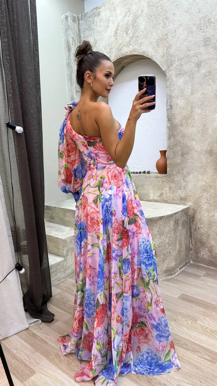 Women's Flowing One-Shoulder Floral Dress-Metro Lane Plaza