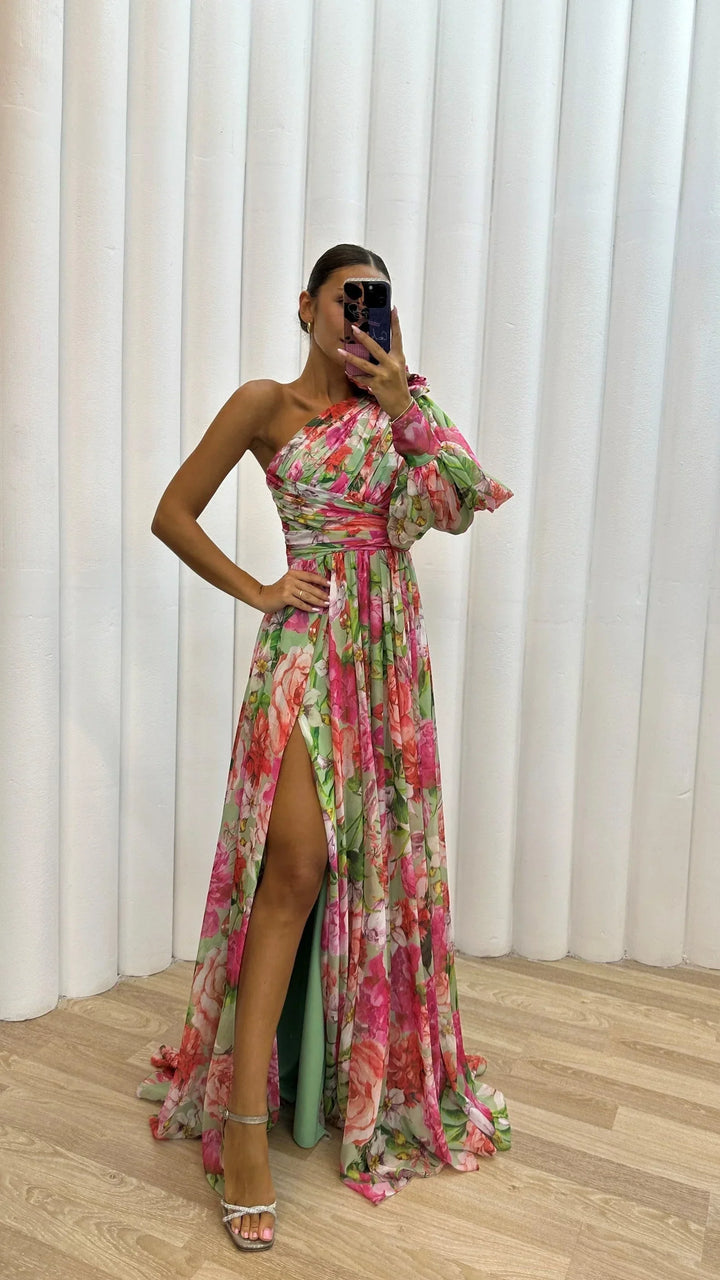 Women's Flowing One-Shoulder Floral Dress-Metro Lane Plaza