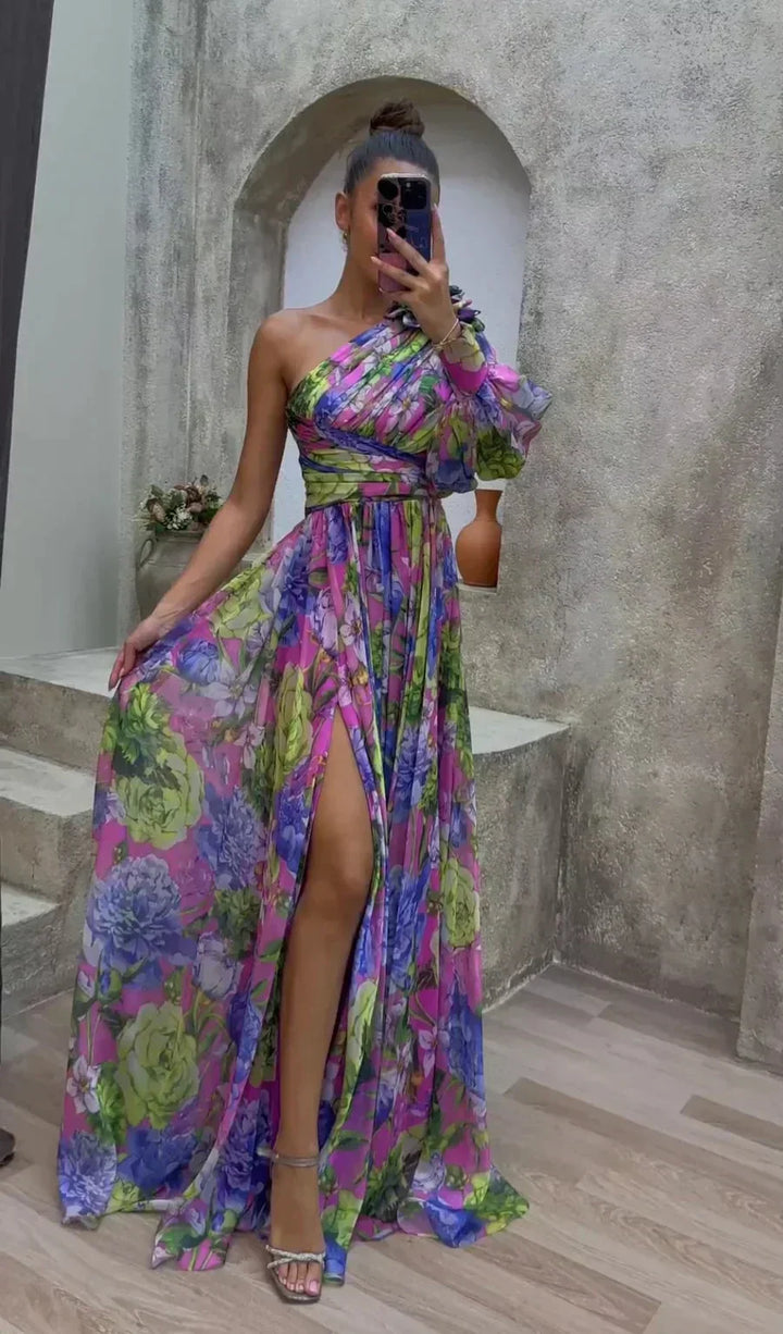 Women's Flowing One-Shoulder Floral Dress-Metro Lane Plaza