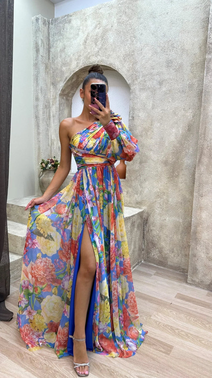 Women's Flowing One-Shoulder Floral Dress-Metro Lane Plaza