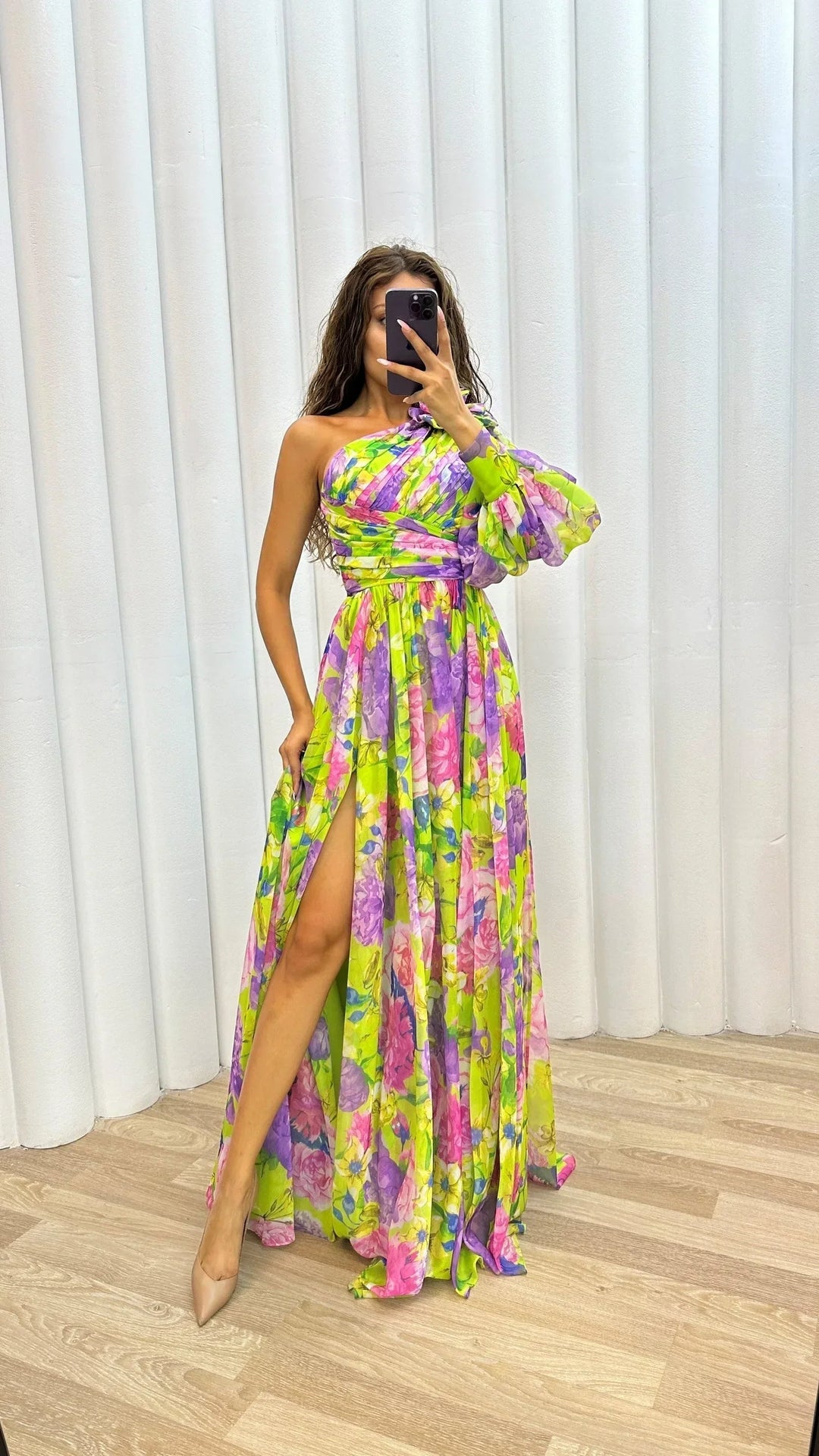 Women's Flowing One-Shoulder Floral Dress-Metro Lane Plaza