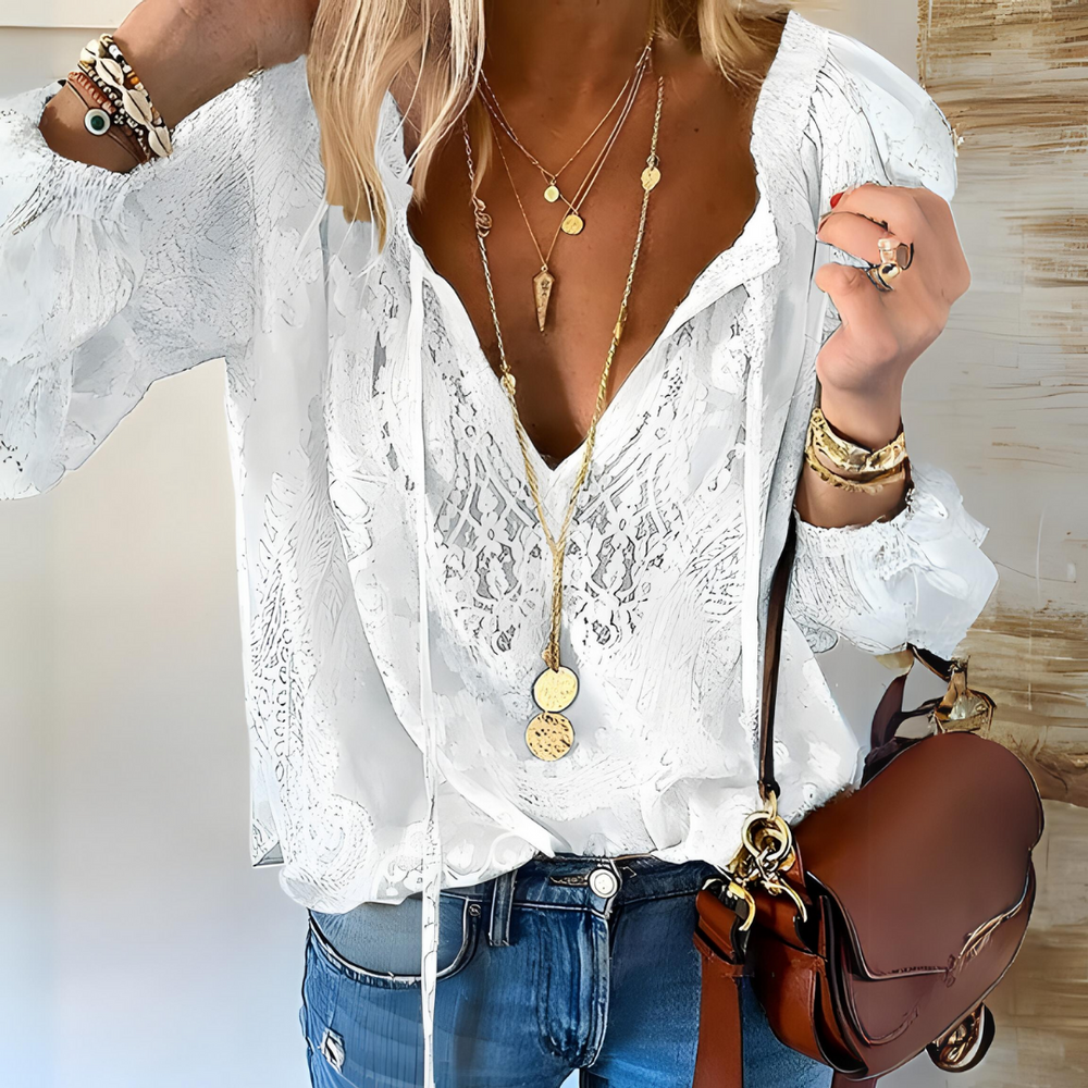 Allison | Women's Long Sleeve V-Neck Tie Blouse-Metro Lane Plaza