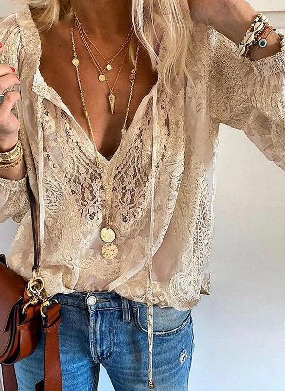 Allison | Women's Long Sleeve V-Neck Tie Blouse-Metro Lane Plaza