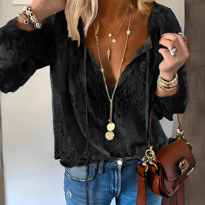 Allison | Women's Long Sleeve V-Neck Tie Blouse-Metro Lane Plaza