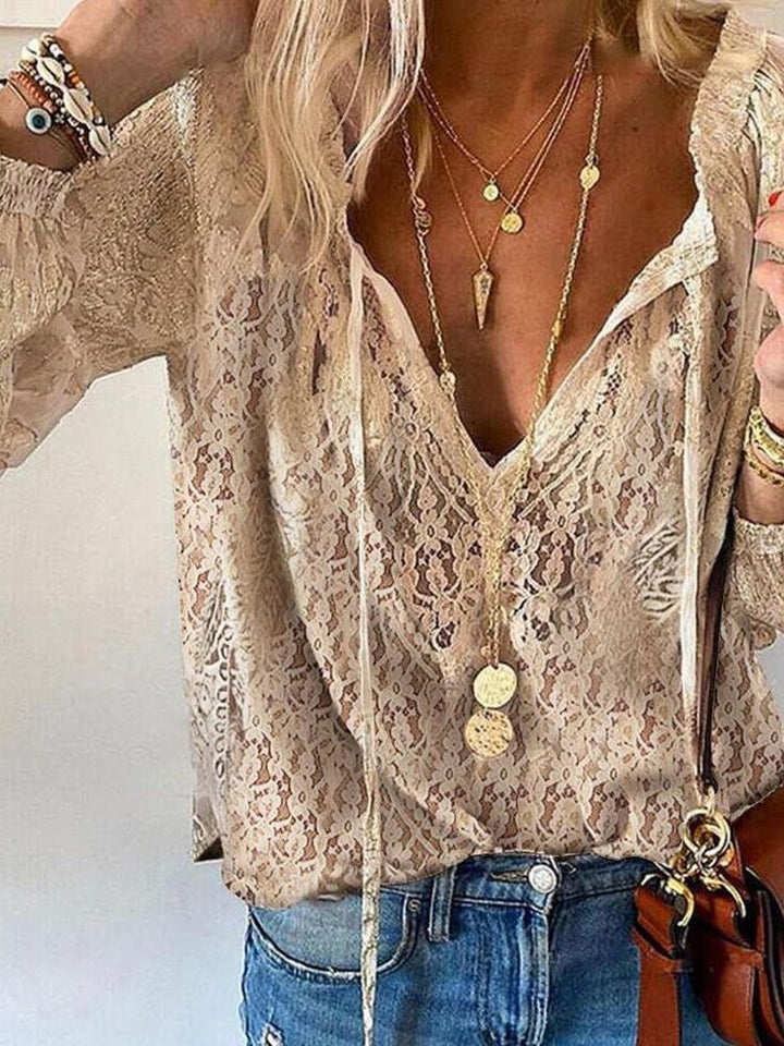 Allison | Women's Long Sleeve V-Neck Tie Blouse-Metro Lane Plaza