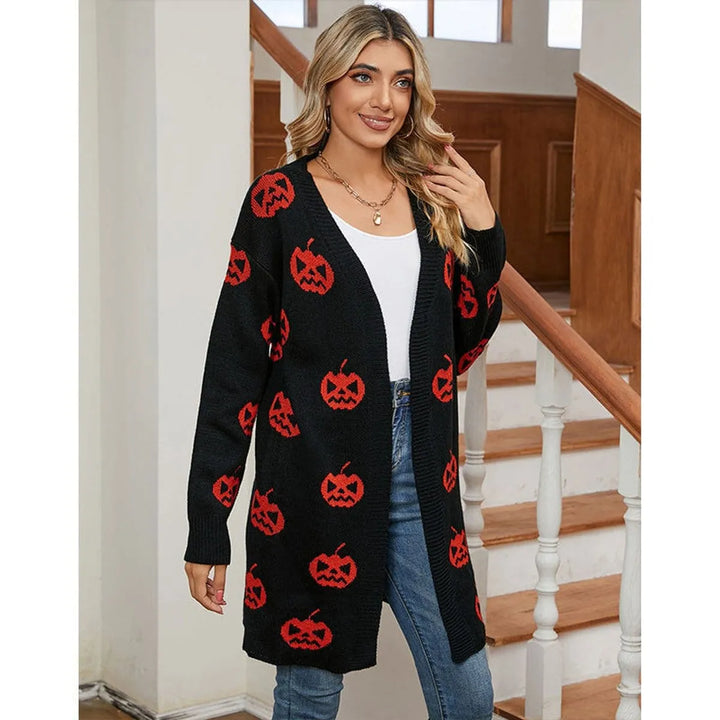 Women's Pumpkin Print Open-Front Knit Halloween Cardigan