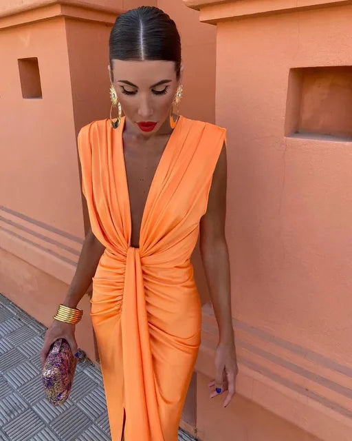 Amy | Women's V-Neck Midi Dress for Effortless Style-Metro Lane Plaza