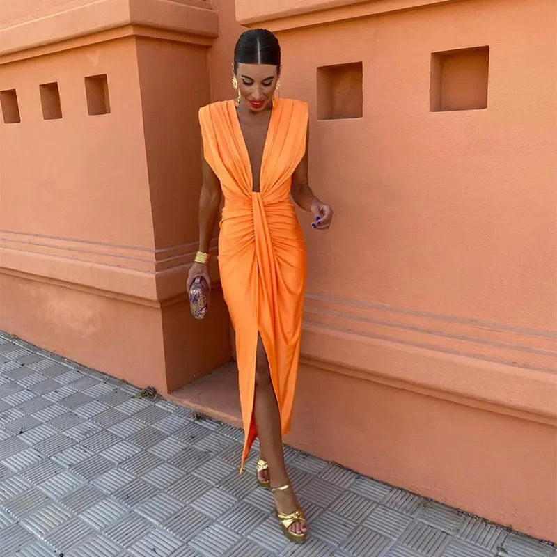 Amy | Women's V-Neck Midi Dress for Effortless Style-Metro Lane Plaza