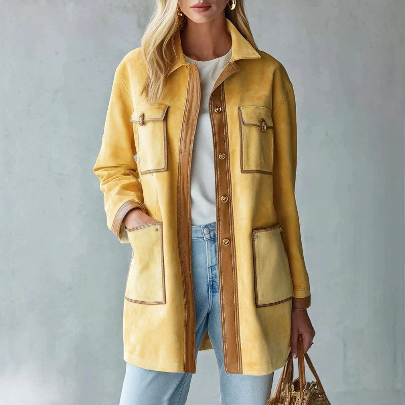 Chaqueta larga utilitaria de ante sintético para mujer, ideal para otoño