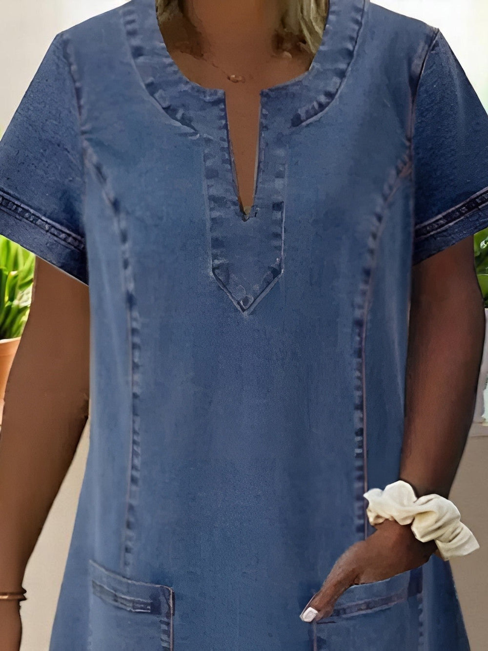 April | Women's V-Neck Denim A-Line Dress-Metro Lane Plaza