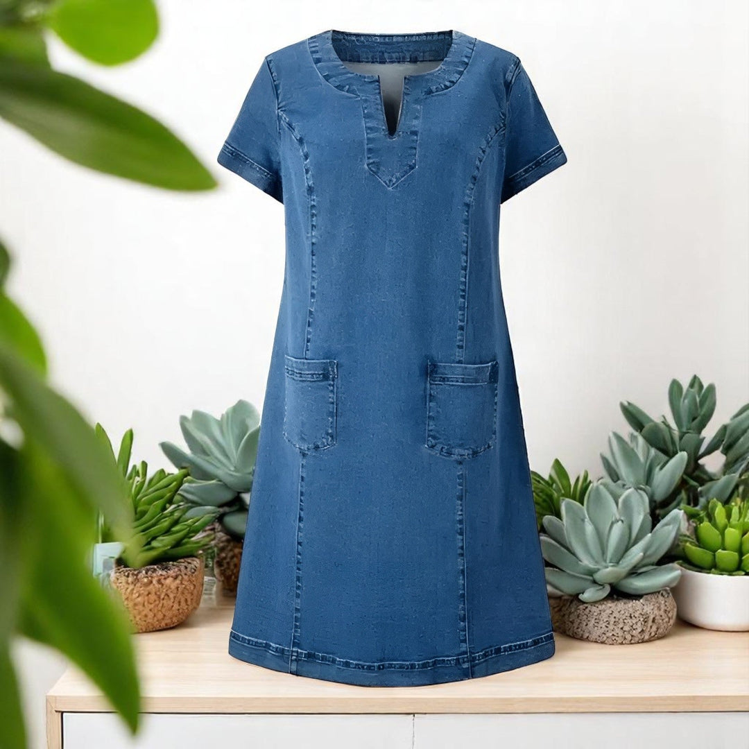 April | Women's V-Neck Denim A-Line Dress-Metro Lane Plaza