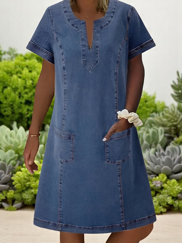April | Women's V-Neck Denim A-Line Dress-Metro Lane Plaza