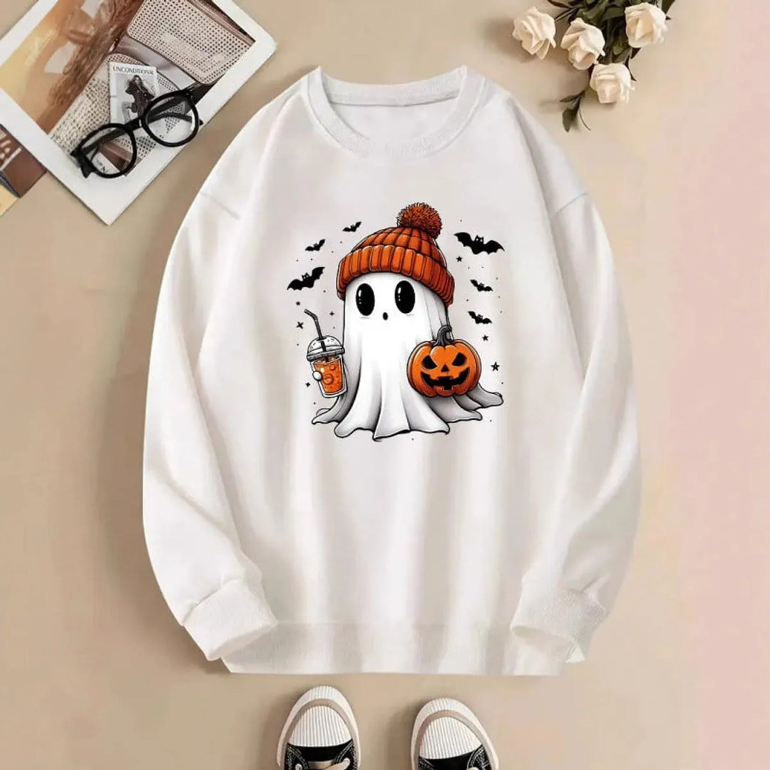 Women's Halloween Graphic Crewneck Sweatshirt — Ghost and Pumpkin Design