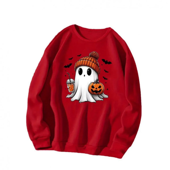 Women's Halloween Graphic Crewneck Sweatshirt — Ghost and Pumpkin Design