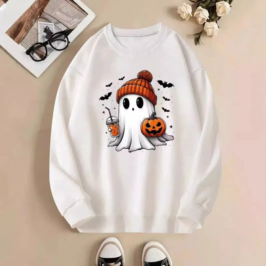 Women's Halloween Graphic Crewneck Sweatshirt — Ghost and Pumpkin Design