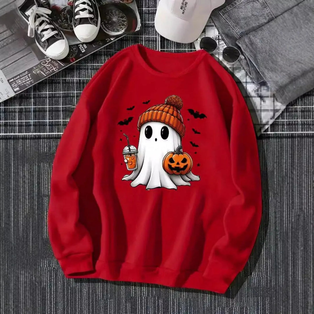 Women's Halloween Graphic Crewneck Sweatshirt — Ghost and Pumpkin Design
