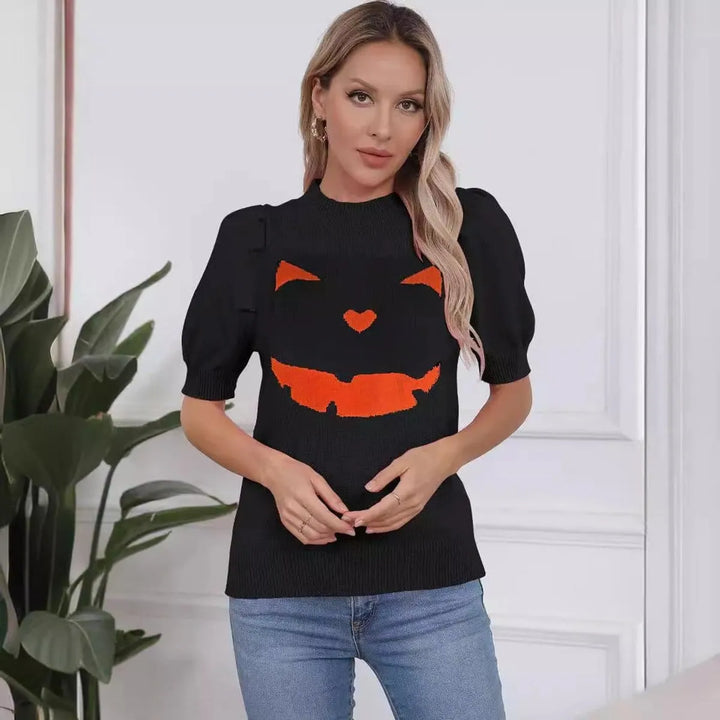 Women's Pumpkin Face Knit Short-Sleeve Halloween Sweater