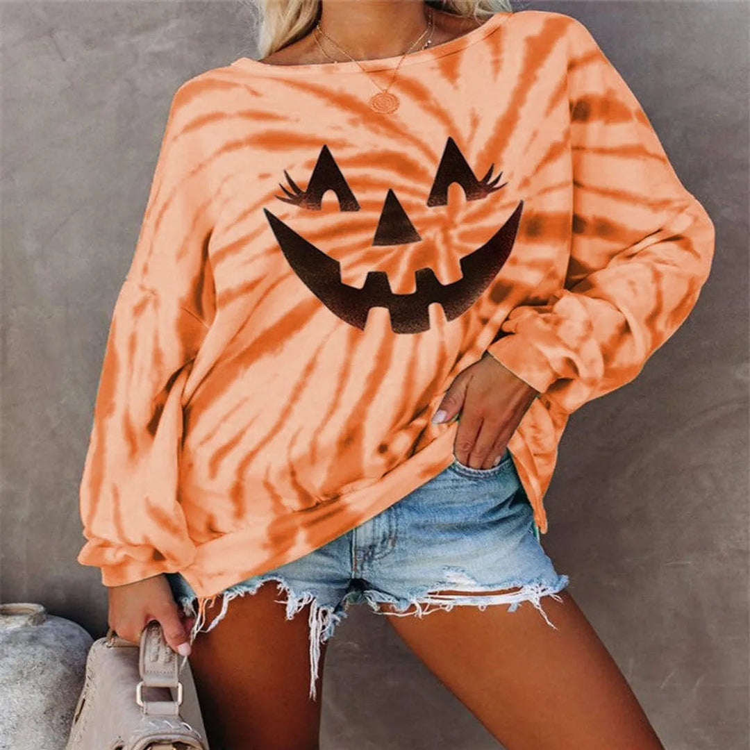 Naisten kurpitsakasvokuvioinen solmuvärjätty Halloween-collegepaita