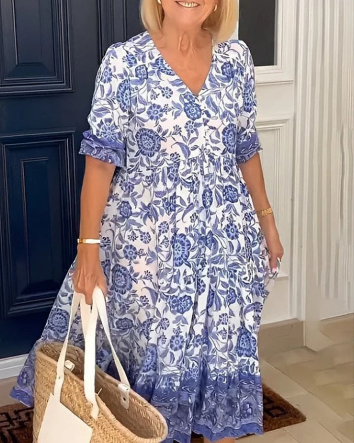 Athena | Women's Elegant V-Neck Floral Dress-Metro Lane Plaza