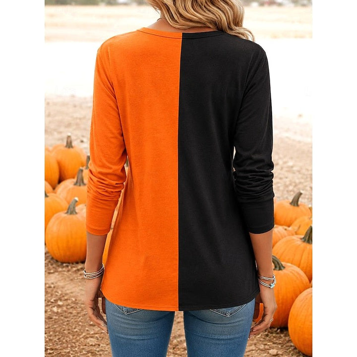Haut imprimé citrouilles à manches longues pour femme, chemisier festif d’Halloween