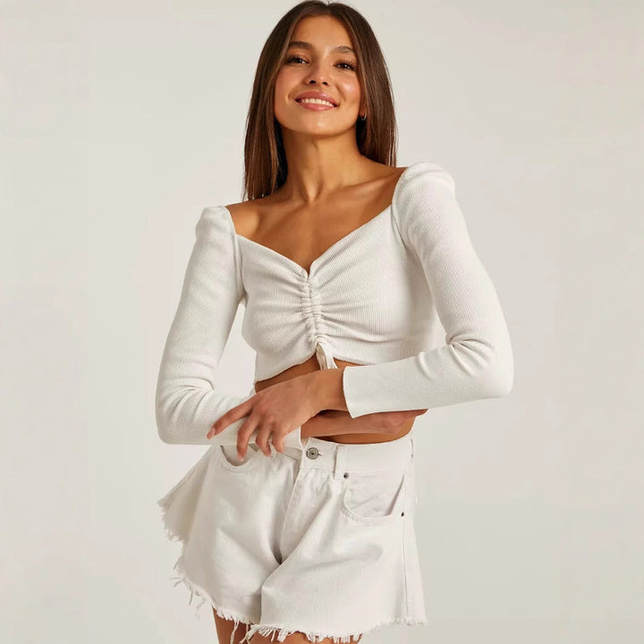 Ava | Women's Long Sleeve Ruched Front Top-Metro Lane Plaza