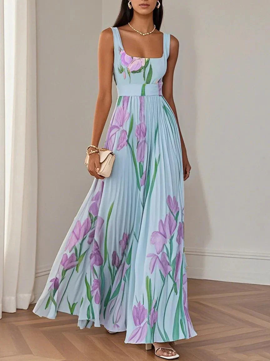 Anastasia | Women's White Floral Pleated Maxi Dress-Metro Lane Plaza