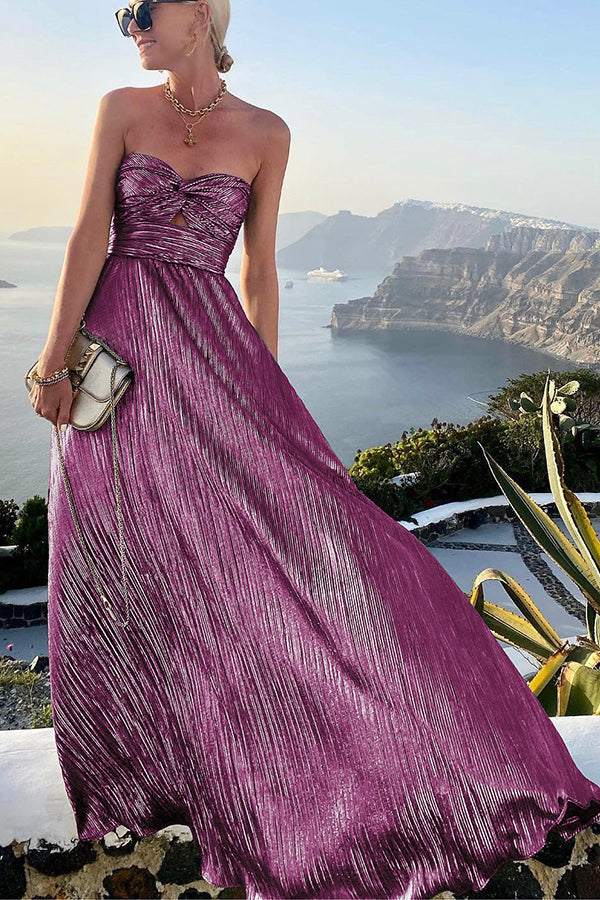 Women's Elegant Strapless A-Line Evening Dress with Pleated Design-Metro Lane Plaza