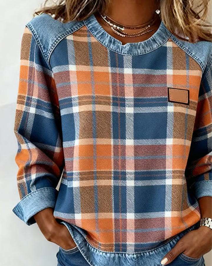 Weiches Damen-Sweatshirt aus Baumwollmischung mit Karomuster und Patchwork
