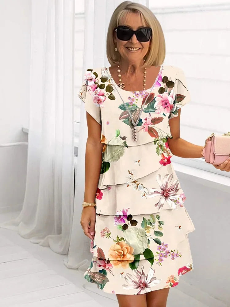 Women's Chic Ruffled Floral Midi Dress-Metro Lane Plaza