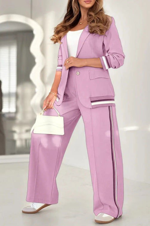 Elegant Women's Suit Set | Long Sleeve Jacket & High Waist Trousers-Metro Lane Plaza
