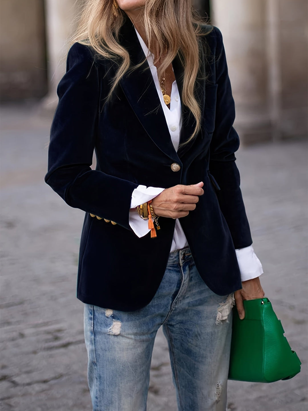 [Women's Velvet Blazer with Gold Buttons and Modern Style]-Metro Lane Plaza