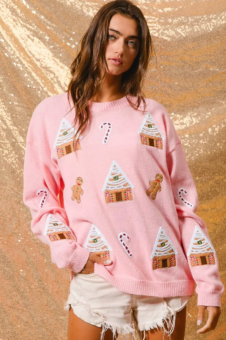 Camisola de gola redonda de inverno com tema natalício para senhora