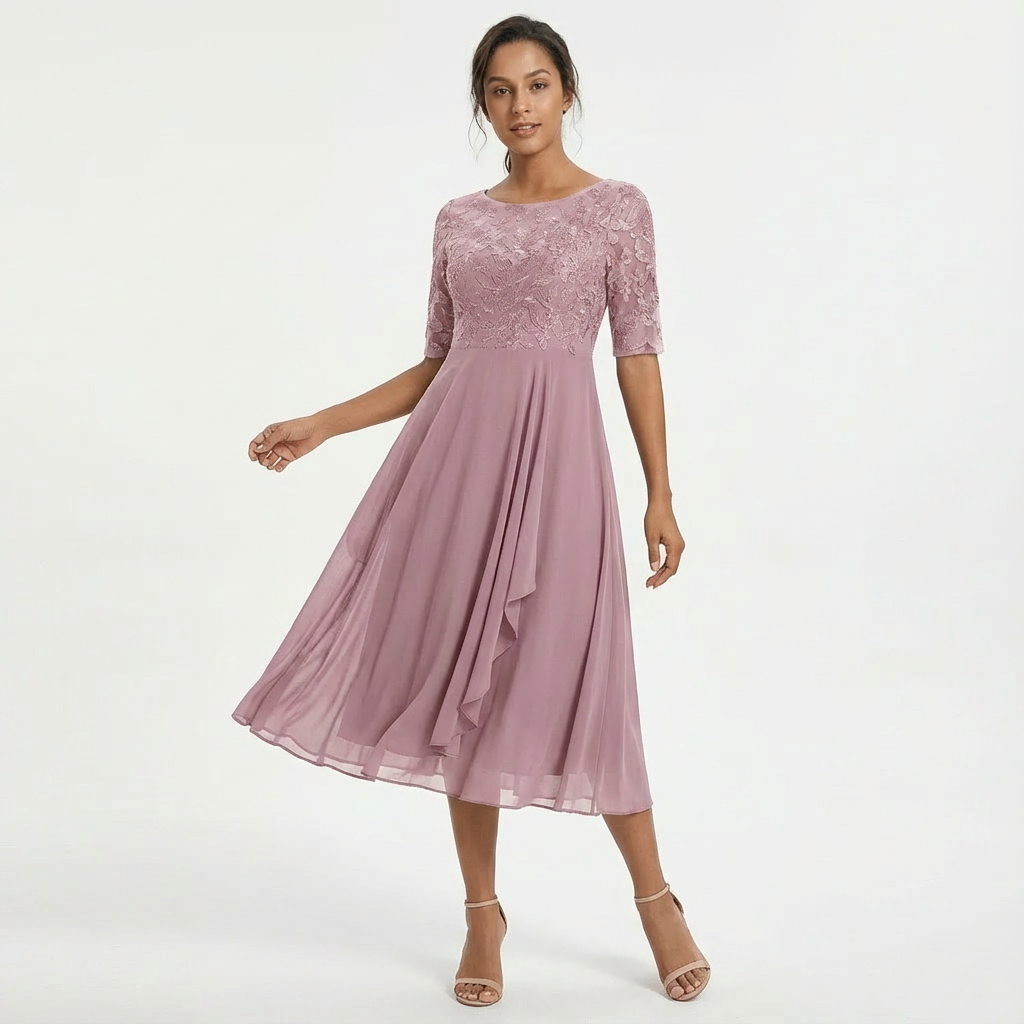 Women's Elegant Lace Midi Dress with Half Sleeves-Metro Lane Plaza