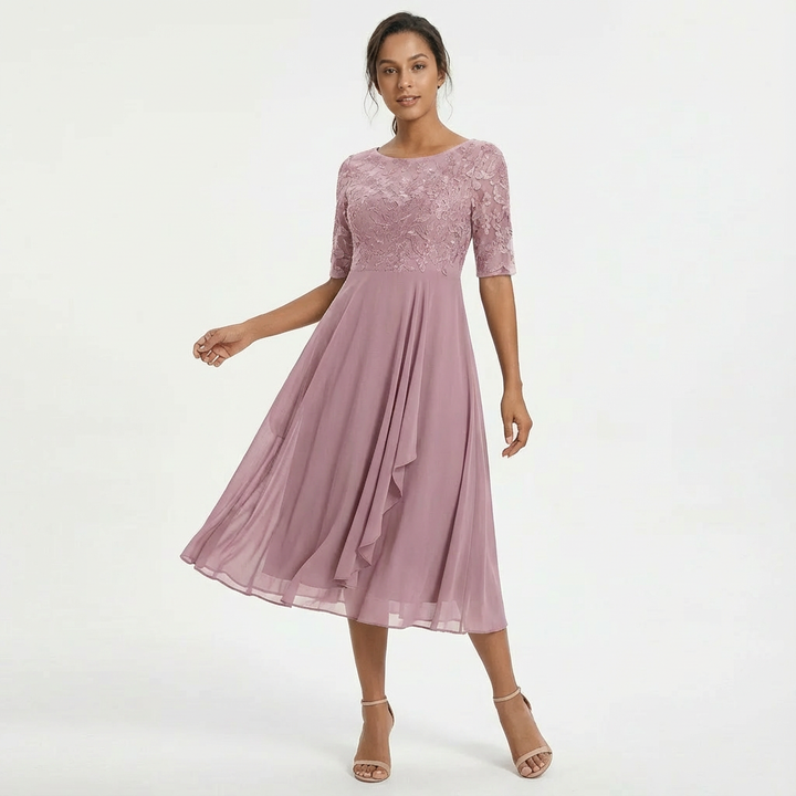 Women's Elegant Lace Midi Dress with Half Sleeves-Metro Lane Plaza