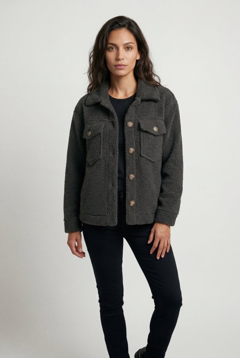Casaco-camisa de pelo teddy para senhora, corte descontraído