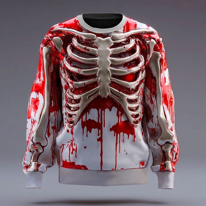 Herren-Sweatshirt mit Rundhalsausschnitt und Skelettmotiv, Halloween-Oberteil mit Motiv