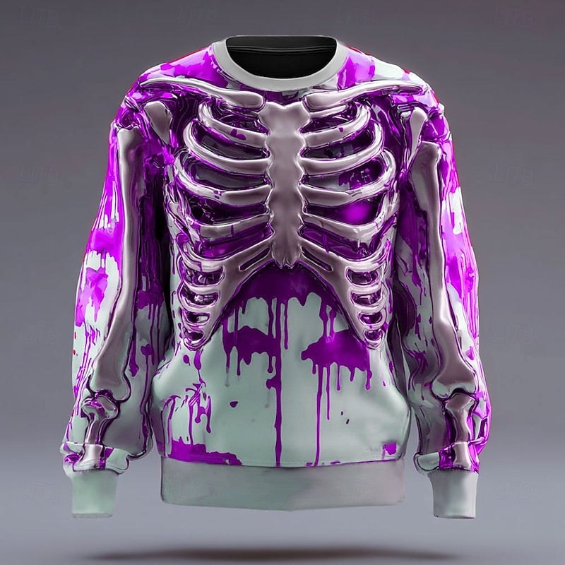 Herren-Sweatshirt mit Rundhalsausschnitt und Skelettmotiv, Halloween-Oberteil mit Motiv