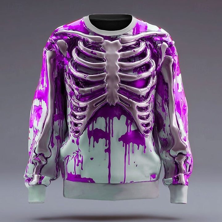 Herren-Sweatshirt mit Rundhalsausschnitt und Skelettmotiv, Halloween-Oberteil mit Motiv